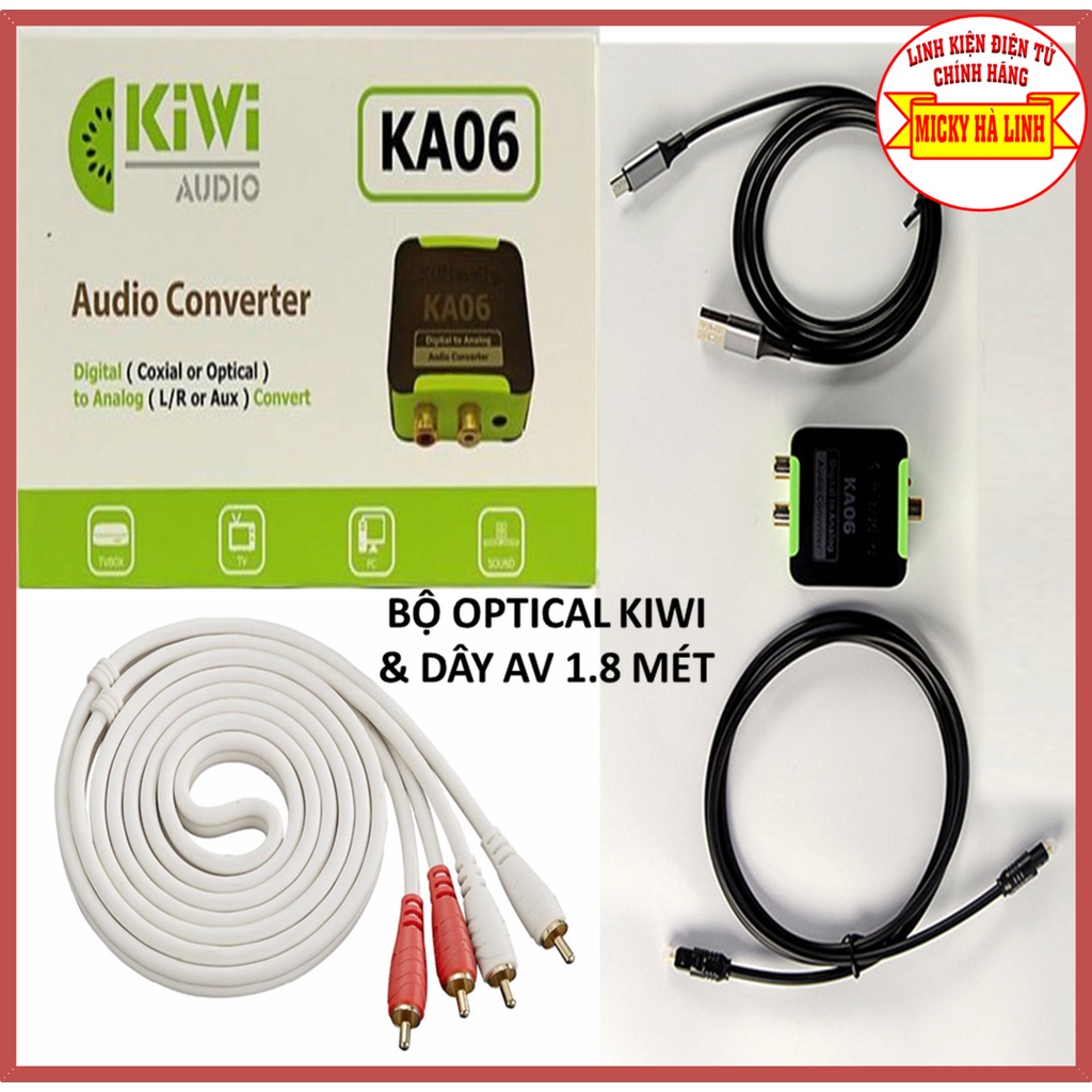 OPTICAL KIWI-KA06 &amp; DÂY CÁP LOA AV 4 ĐẦU, Bộ chuyển đổi âm thanh và dây cáp loa bông sen 4 đầu CHÍNH HÃNG