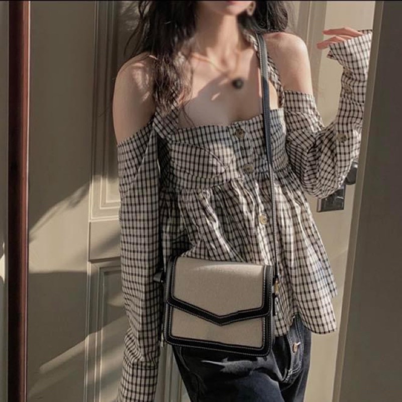 Áo kiểu trễ vai yếm tay dài khoét vai peplum sọc caro babydoll cao cấp - Order taobao quảng châu