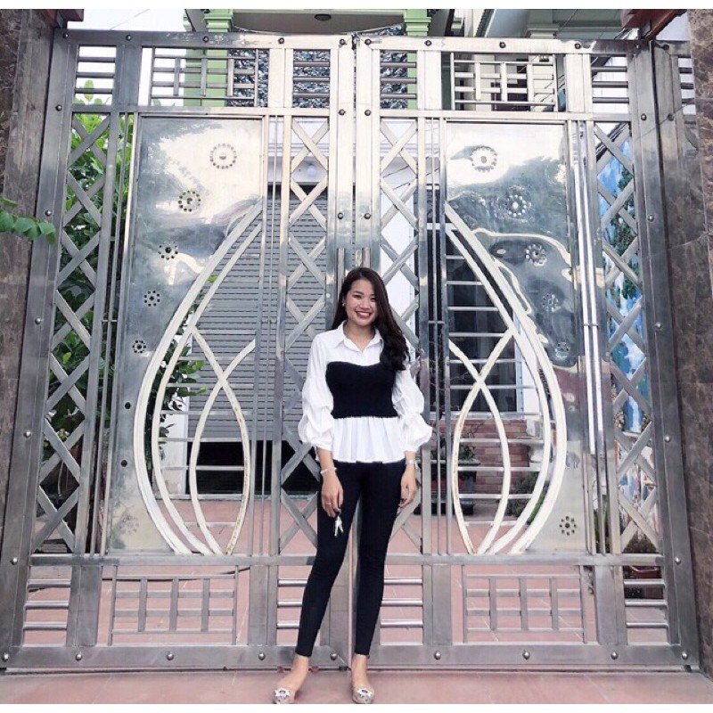 Áo sơ mi tay bồng phối đen trắng | BigBuy360 - bigbuy360.vn