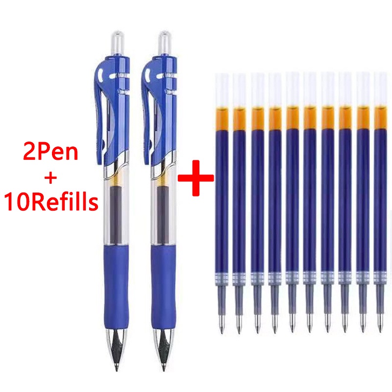Set 2 Bút Bi Kèm 10 Ruột Bút Bi Mực Đen / Đỏ / Xanh Ngòi 0.5Mm