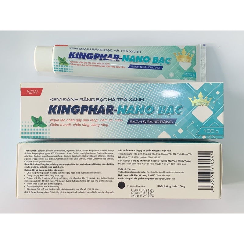 Kem đánh răng Nano bạc Kingphar - Tube 100 gam. cho hơi thở thơm mát, bảo vệ răng và nướu