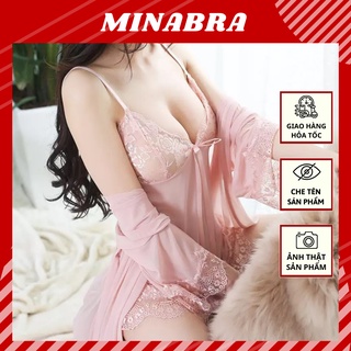 Váy Ngủ Sexy Gợi Cảm Phối Ren Kèm Áo Choàng Thời Trang MINABRA Đầm Ngủ Xuyên Thấu, Cổ Khoét Sâu Quyến Rũ KL01