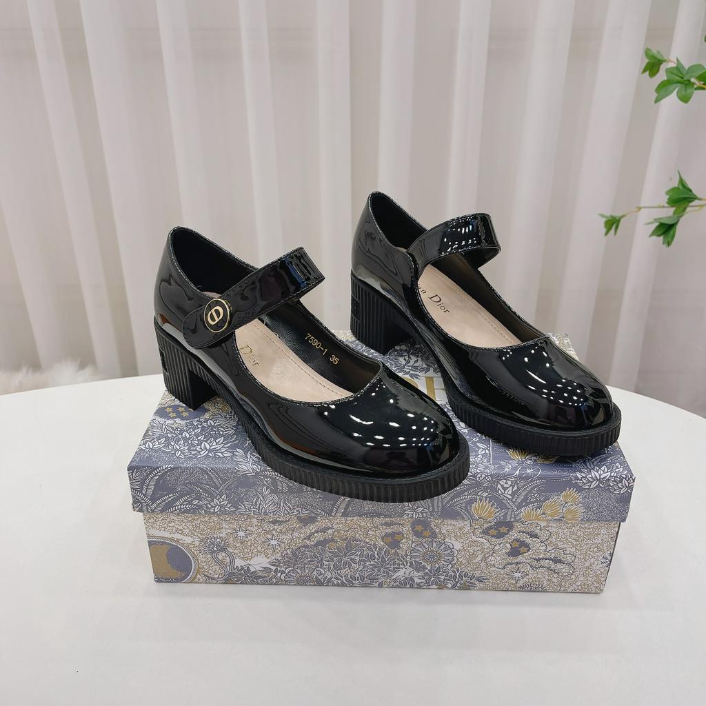 Giày búp bê quai ngang mũi tròn da bóng gót 5cm