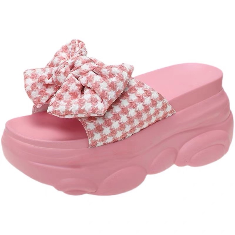 Dép xuồng quai ngang nơ kẻ cao 9cm