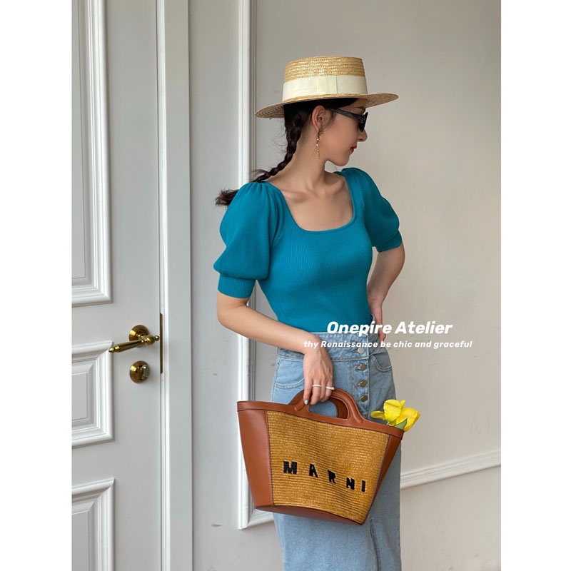 Áo thun bằng vải dệt kim tay ngắn phồng cổ vuông màu sắc cổ điển thời trang mùa hè cho nữ