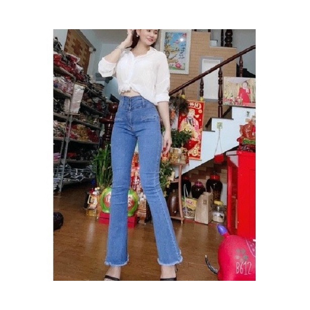 Quần Jeans Nữ Ống Loe Dài Màu Xanh Lưng Cao Co giãn Lai Tua Rua Tôn Dáng