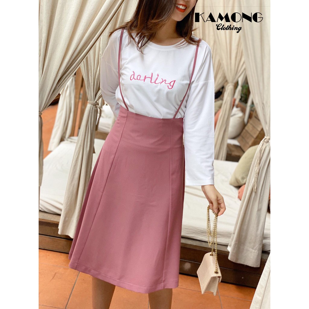 [HÌNH THẬT] Set chân váy 2 dây + áo thun thêu (HỒNG)