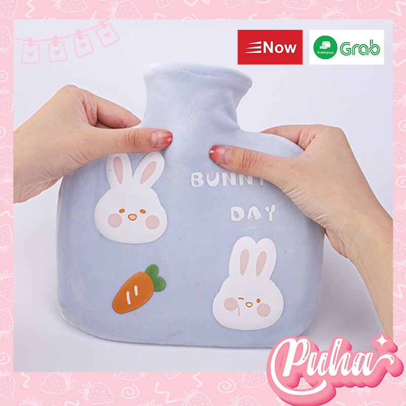 Túi chườm nóng lạnh PUHA 500ml, túi chườm ấm nóng giảm đau bụng kinh cho nữ, Thỏ Bunny Grey