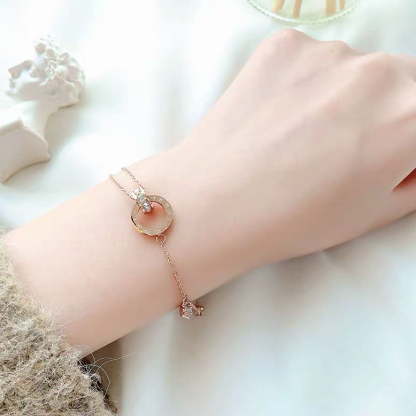 Vòng tay/ lắc chân hai lớp bằng thép titan mạ vàng hồng 18K đính đá zircon phong cách Nhật Hàn đơn giản điều chỉnh được