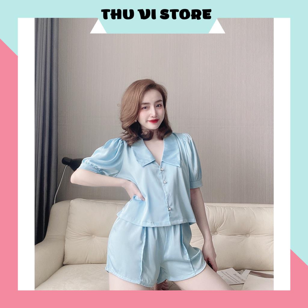 Đồ Bộ Nữ, Đồ Mặc Nhà, Set Bộ Áo Tay Ngắn Cổ Sen Quần Sọc Chất Lụa Satin Màu Sắc Tươi Trẻ Thời Trang Trẻ Trung Cho Bạn Nữ