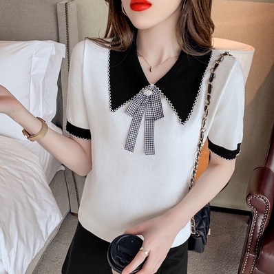【ZHELIHANGFEI】Áo Thun Dệt Kim Tay Ngắn Cổ Búp Bê Thắt Nơ Xinh Xắn Hợp Thời Trang