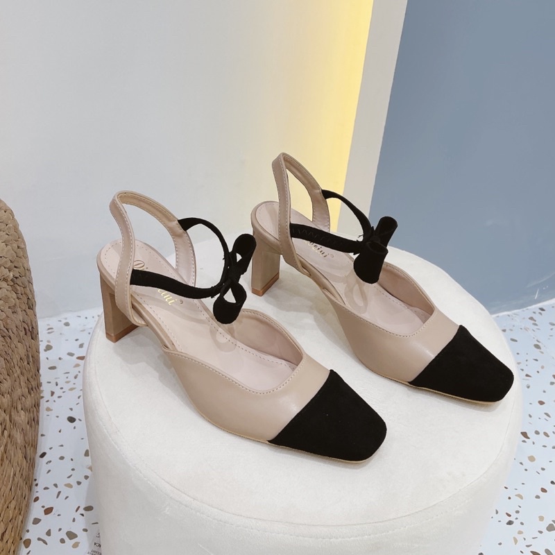 Sandal mũi đen quai nơ ngang gót trụ fullbox hàng quảng châu cao cấp
