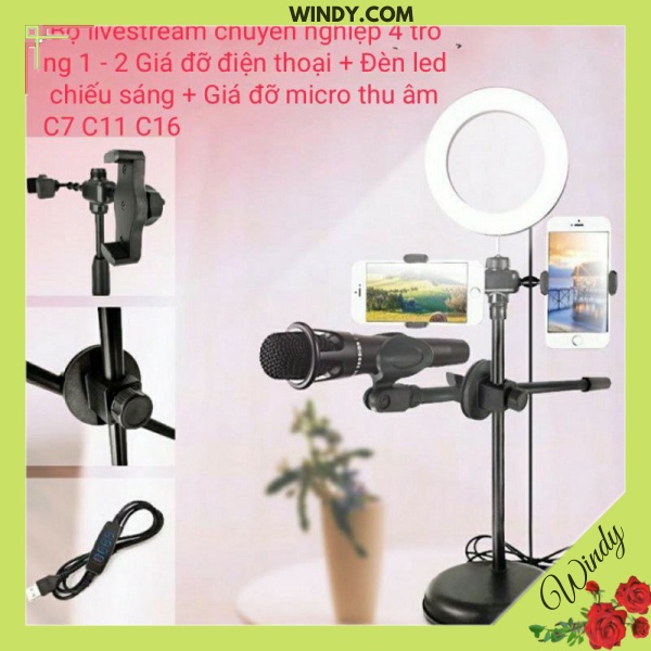 Đèn Live Stream 4 in 1 Để Bàn Có Chân Đỡ Micro LivesTream Hai Điện Thoại - Bộ Giá Đỡ