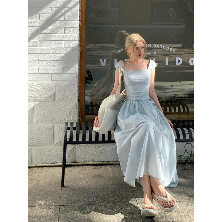 Đầm Dệt Kim Dáng Dài Cổ Vuông Lưng Cao Thời Trang Mùa Hè Hàng Mới 2022 Dành Cho Bạn Nữ