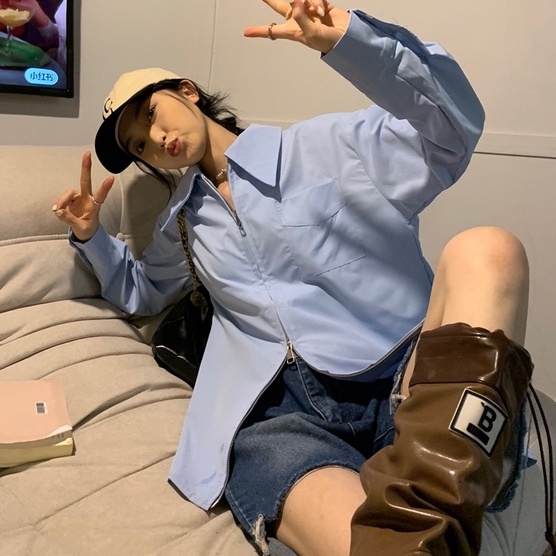 Áo sơ mi ZHELIHANGFEI tay dài dáng rộng phối khóa kéo hai chiều phong cách học đường thời trang dành cho nữ