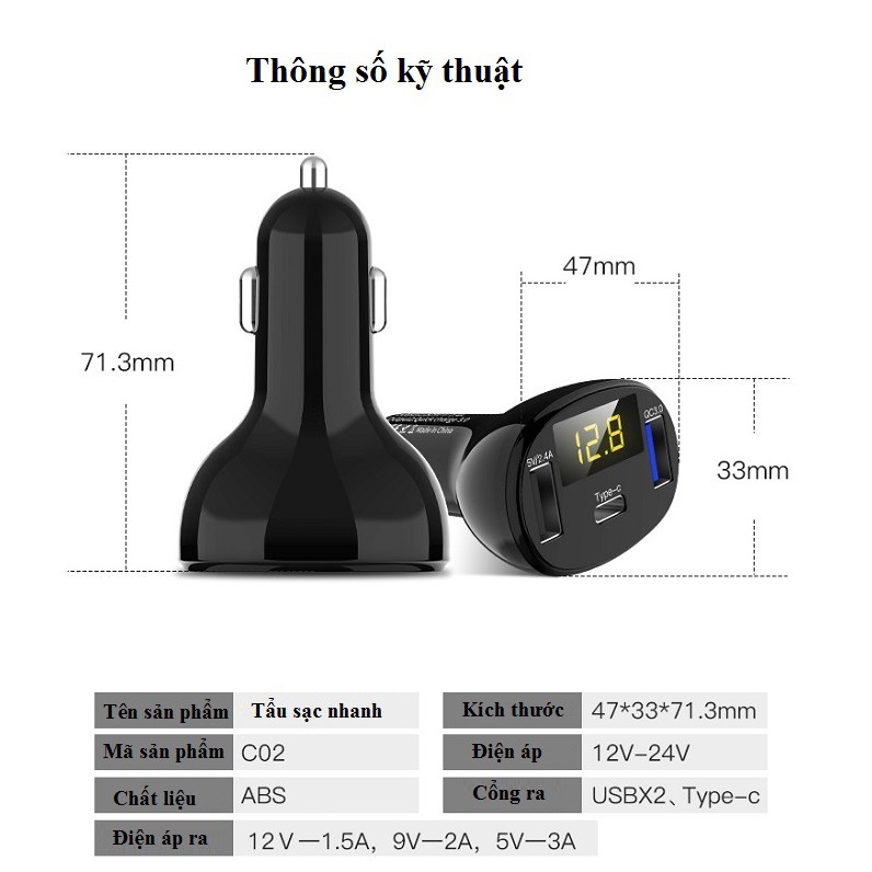 Tẩu cắm sạc điện thoại trên ô tô quick charge 3.0