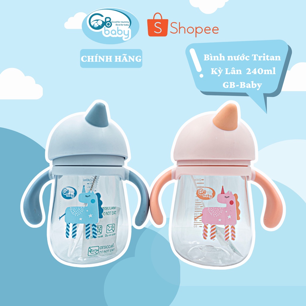 Bình tập uống nước cho bé có ống hút chống sặc Tritan cao cấp GB-Baby 240 ml Gbbaby (hình kì lân)