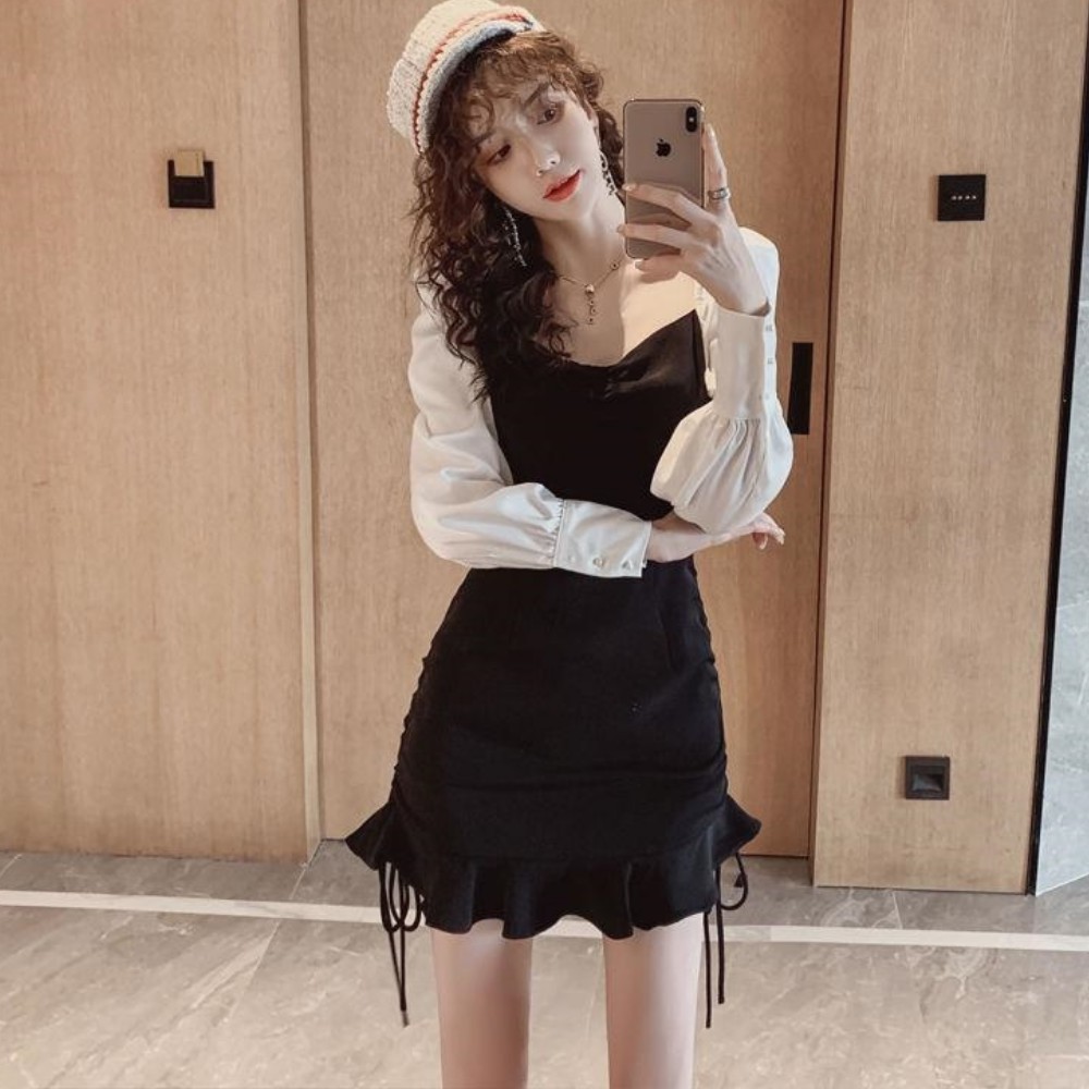 Đầm nữ , váy đầm đuôi cá rút dây , tay áo dài bồng bềnh dáng váy ôm body siêu cực hót ATILA.SHOP | BigBuy360 - bigbuy360.vn