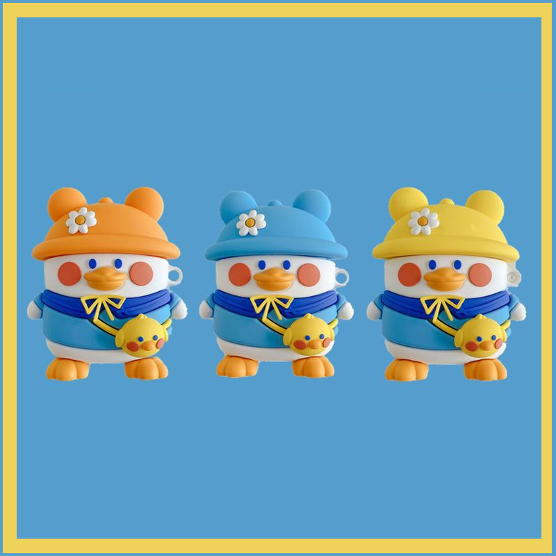 Vỏ Bảo Vệ Hộp Sạc Tai Nghe Airpods 1/2/Pro Bằng Silicon Hình Chú Vịt Đội Nón Dễ Thương