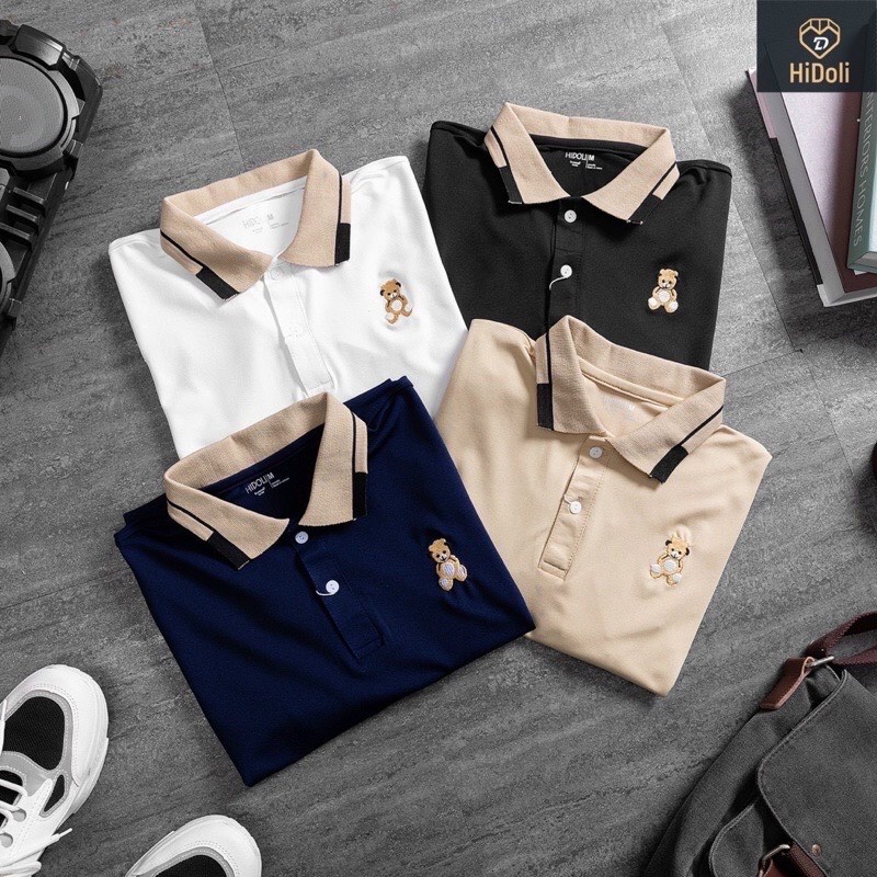 Áo Polo Nam cổ bẻ thun basic cộc tay vải cá sấu cotton , Áo phông thêu gấu phong cách trẻ trung Hàn Quốc