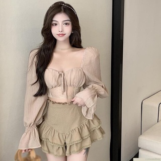 Áo voan tay phồng dài cổ vuông phong cách hàn quốc cho nữ