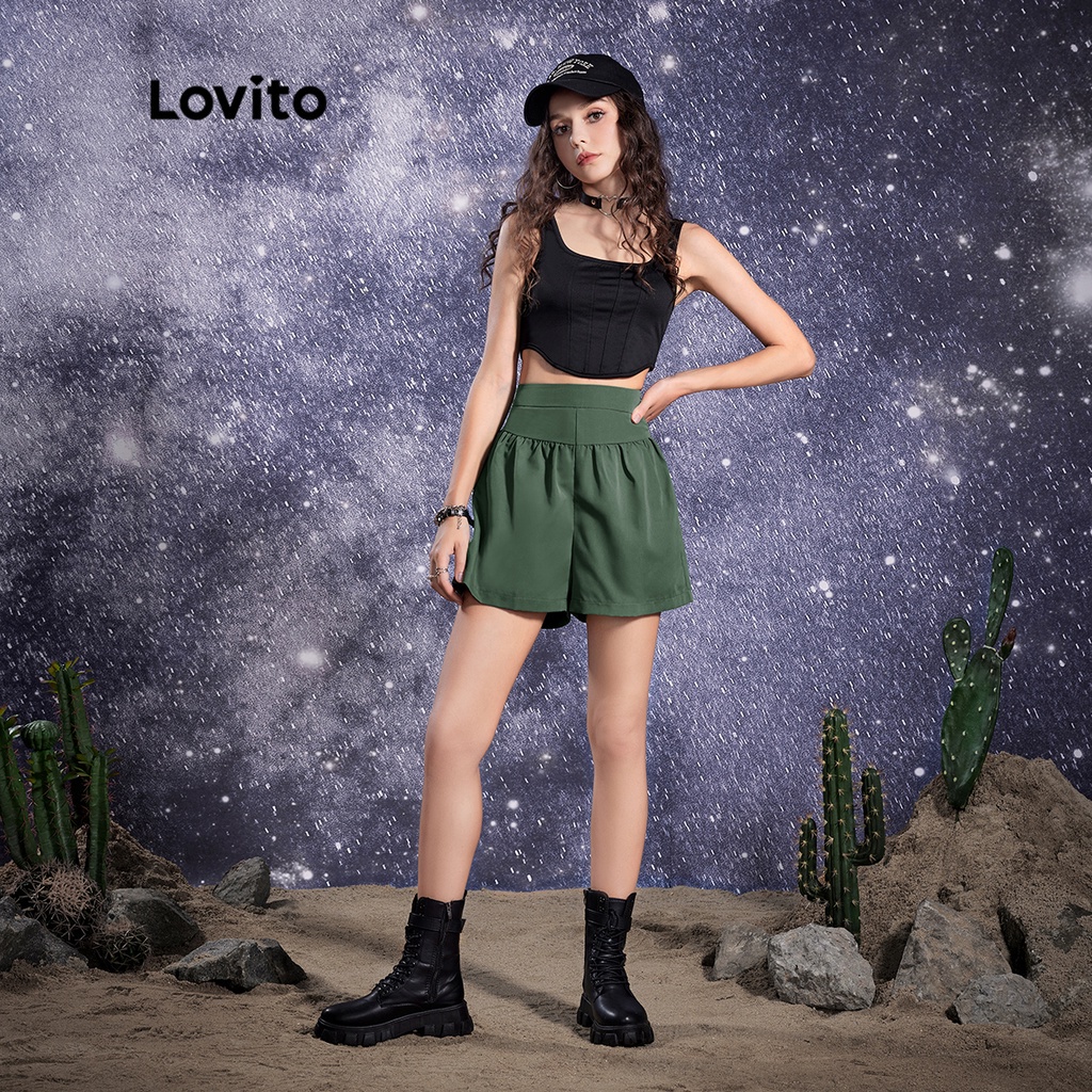 Lovito STAR GIRL Dây kéo trơn Dây kéo rộng uốn cong Quần short nữ L32AE029 (Xanh xám)