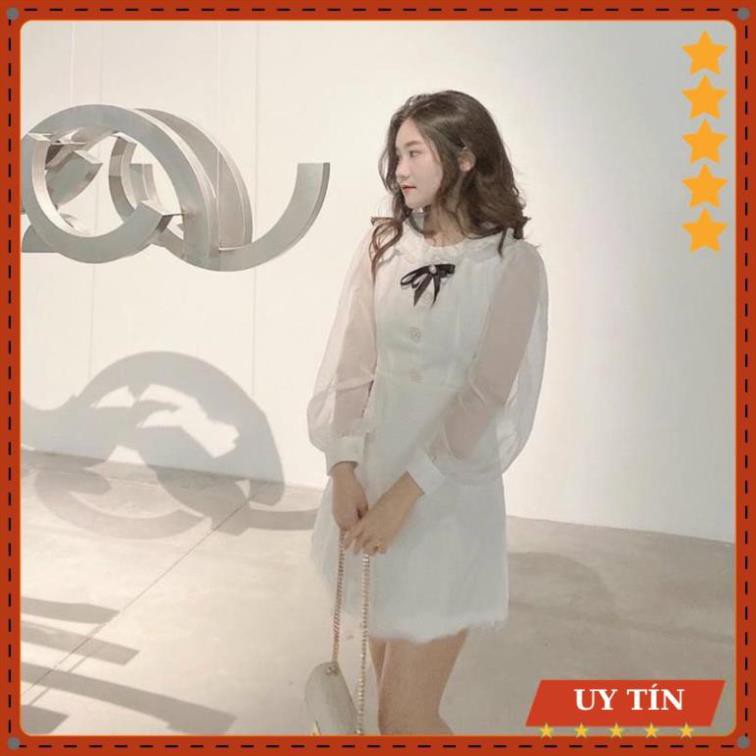 Váy tay bồng tag nơ cổ tay xốp dài Eva_home_fashion