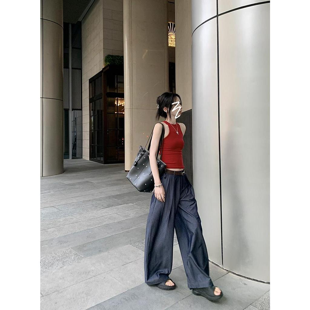 Bộ Áo Sát Nách Hở Lưng Phối Quần Denim Lưng Cao Thời Trang Cá Tính 62036