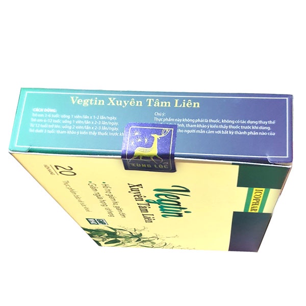 Vegtin Xuyên Tâm Liên, đã được cấp phép bởi Cục ATTP – Bộ Y Tế, với hàm lượng Xuyên tâm liên 300mg, có công dụng giúp hỗ
