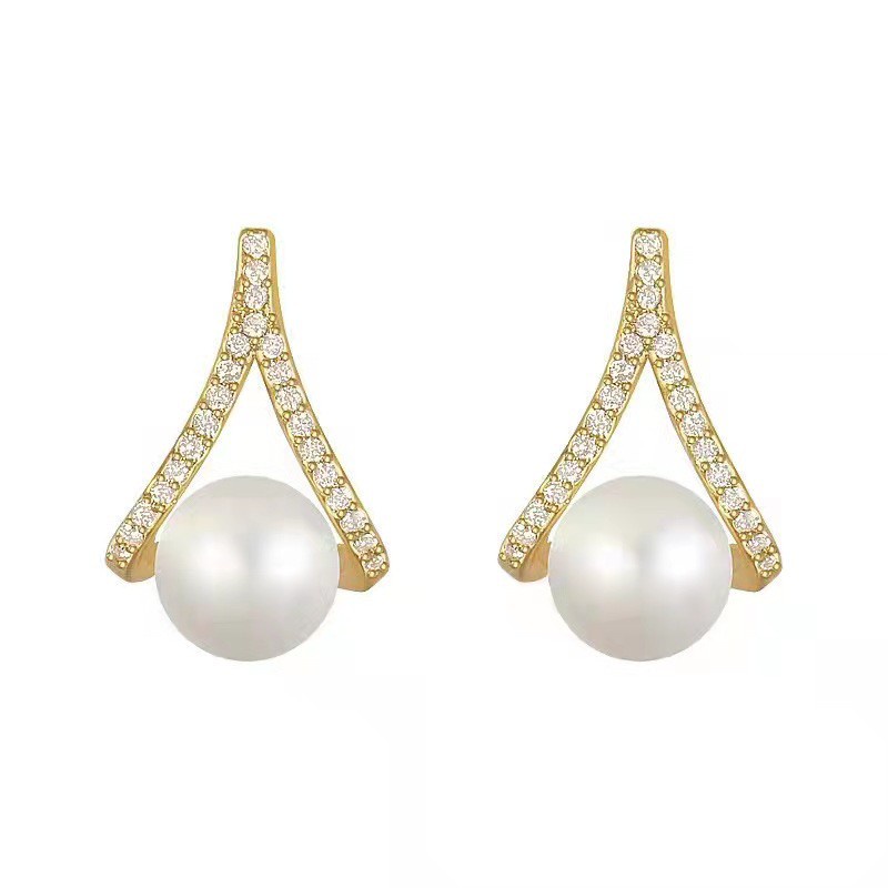 Bông tai hình chữ V đính đá ngọc trai nhân tạo thời trang