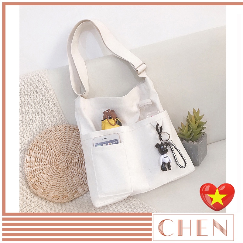 Túi tote đeo chéo đeo vai đi học vải canvas nữ CHEN túi vải a4 đựng laptop sách vở ulzzang tặng kèm sticker TX34