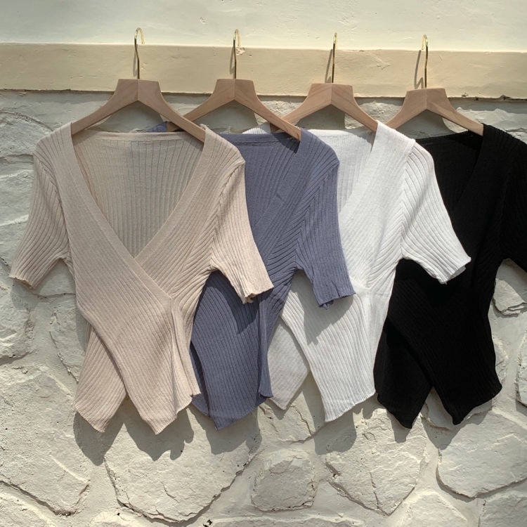 Áo tay ngắn cổ chữ V màu trơn ôm dáng phong cách Hàn Quốc thời trang cho nữ JL-TX-132