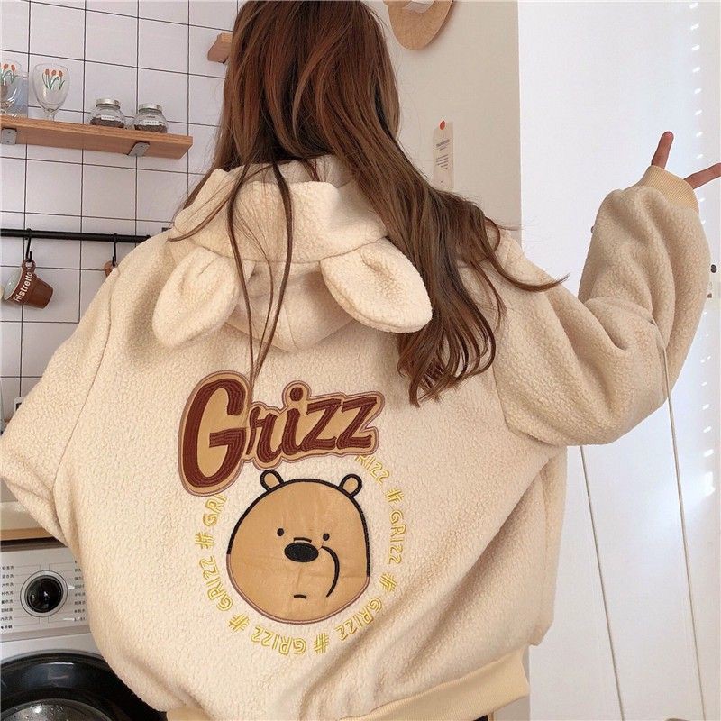 [ORDER] Áo khóac nữ vải bông dây kéo áo cực dễ thương thêu hình gấu có tai gấu cute ulzzang màu kem