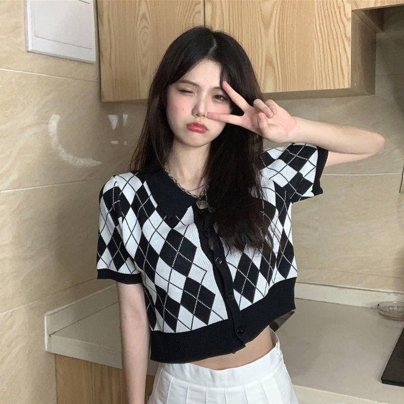 Áo Thun polo Ngắn Tay Họa Tiết Ca Rô Đính Kim Cương Phong Cách Retro Mẫu Mới Dành Cho Nữ