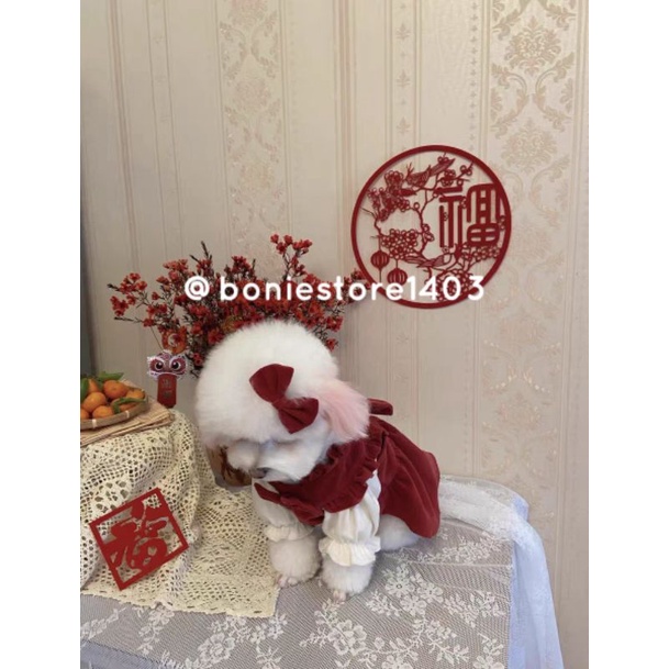 Set Áo Yếm Chó Mèo Thú Cưng Kèm Nơ Cài Đầu Màu Đỏ Dễ Thương
