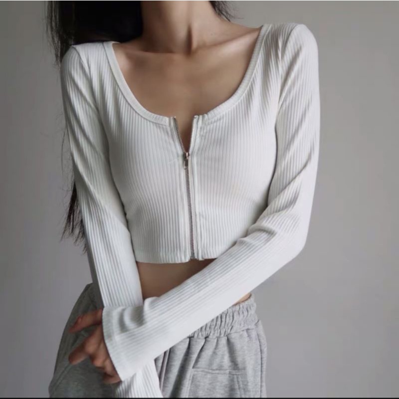 Áo Croptop Tay Dài Dây Kéo Thun Gân - Croptop Dài Tay Dây Kéo Chất Đẹp Henia