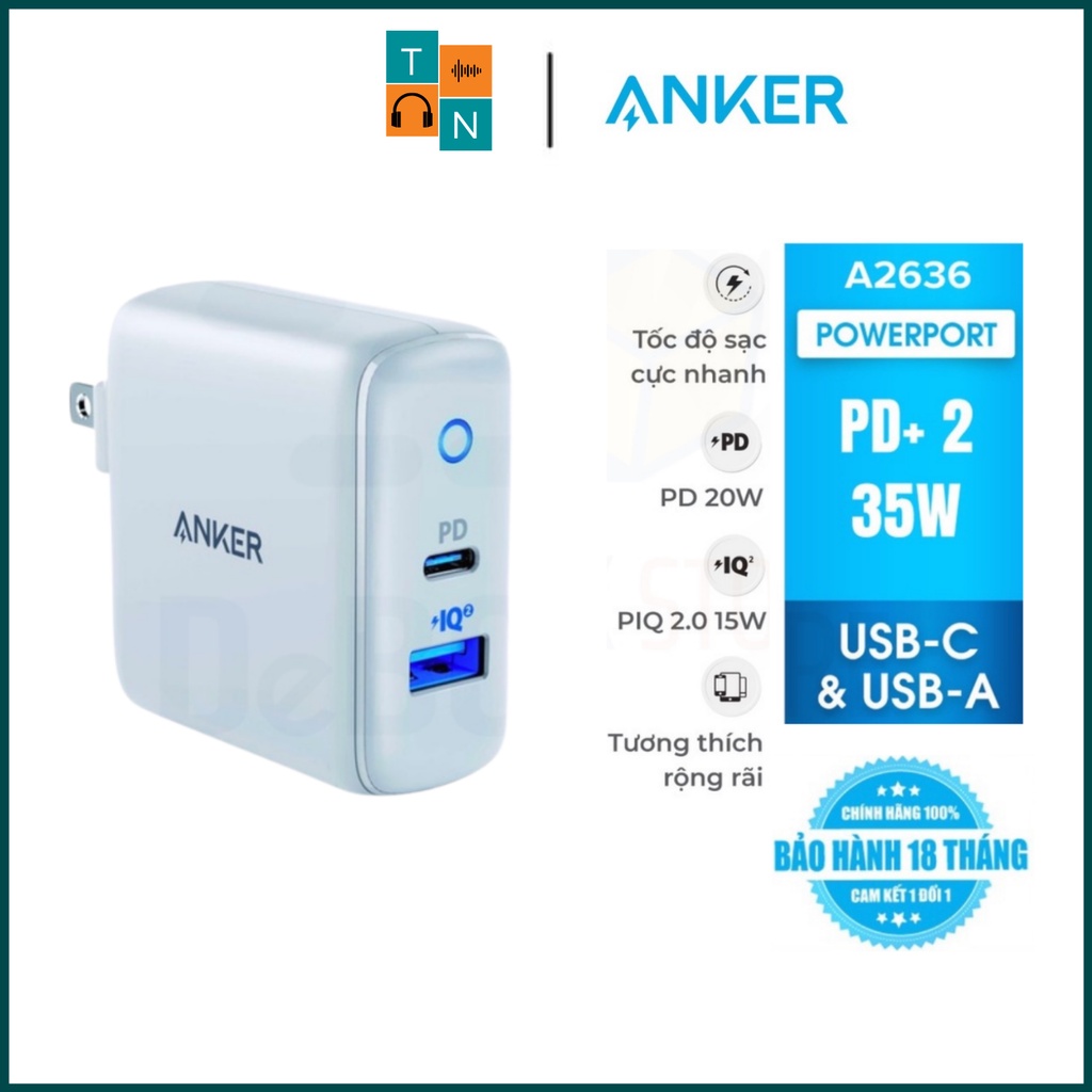【Giao nhanh】Sạc ANKER PowerPort PD+2 cổng 35w, 1 USB-C PD 20w, 1 PowerIQ 2.0 15w - A2636 Chính hãng BH 18 Tháng
