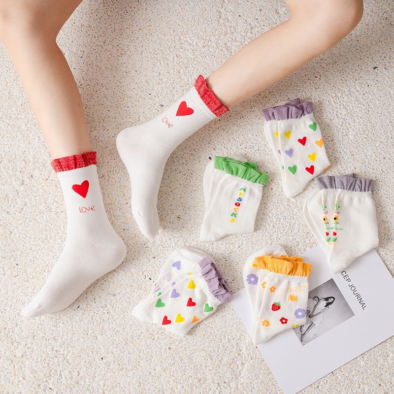 Sweet Cute Love Heart Print Ruffles Girls Short Socks Fashion Floral Lolita Princess Cotton Socks Women White Socks