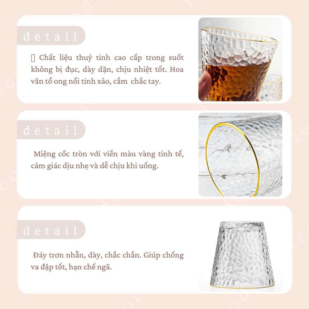 Cốc thủy tinh uống nước trong suốt vân tổ ong viền mạ vàng phong cách Hàn Quốc, ly thuỷ tinh chịu nhiệt – LEODEN Decor