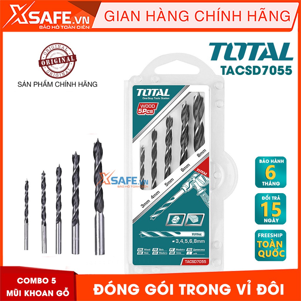 Combo 5 mũi khoan gỗ TOTAL TACSD7055 chính hãng. Mũi khoan gỗ 5 chi tiết TOTAL không bị ăn mòn, biến dạng, gãy hay cong