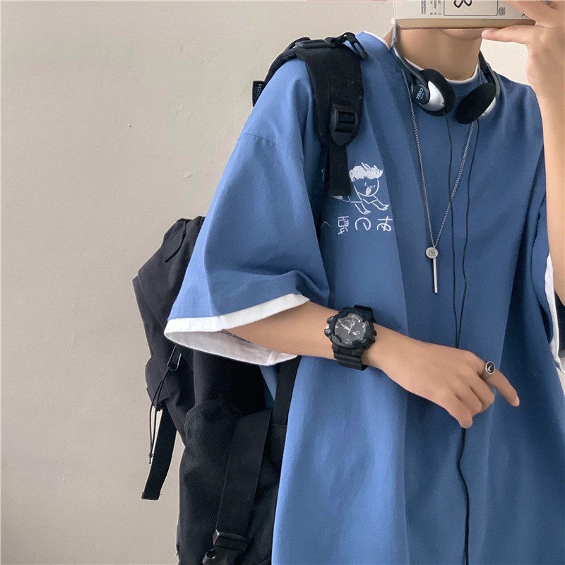 Áo nam Ngắn Tay Dáng Rộng In Chữ Phong Cách Hong Kong Trẻ Trung