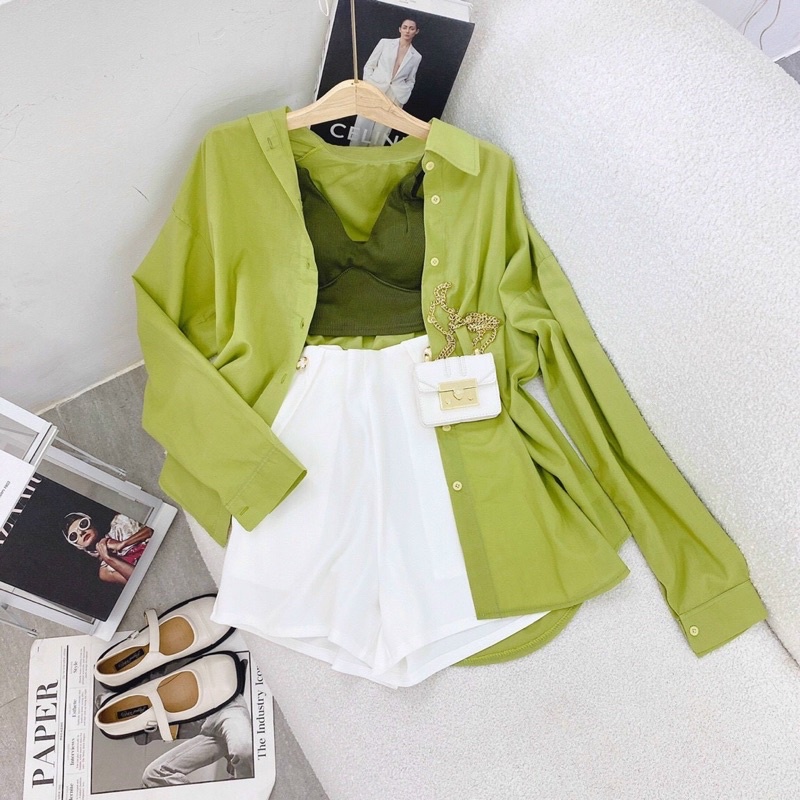 ❤️Set Áo SM Xanh + Crop 2D + Short Trắng❤️