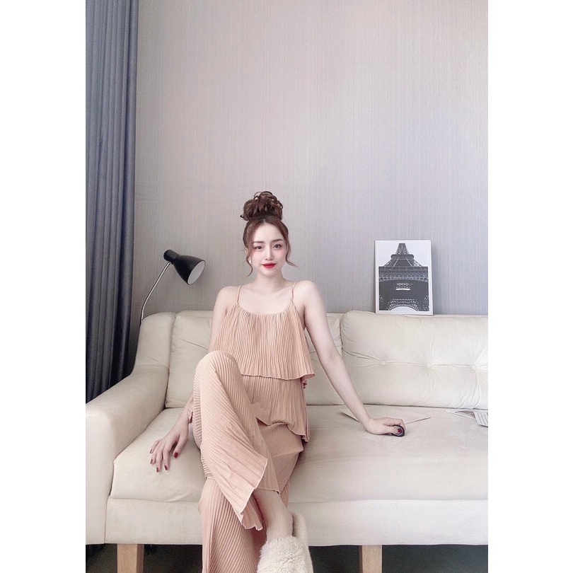 Set hai dây dập ly mặc nhà, mặc ngủ, mặc đi chơi cho nữ, vải lụa, thiết kế siêu xinh, siêu sang