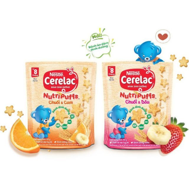 Bánh Ăn Dặm Nestlé CERELAC Nutripuffs Vị Chuối Cam / Vị Dâu Chuối- Gói 50g