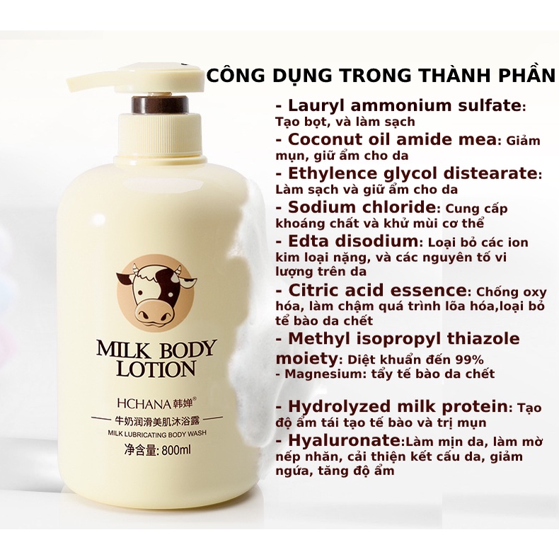 Sữa tắm Milk Body Botion Hchana chiết xuất Protein từ sữa thủy phân dưỡng ẩm thơm mát từ sữa bò 800ml