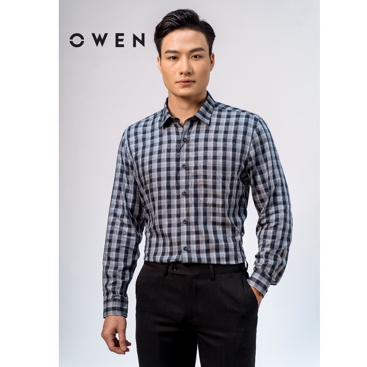 OWEN - Áo sơ mi dài tay Owen Regular fit chất sợi tre kẻ ca rô đen xám 23217