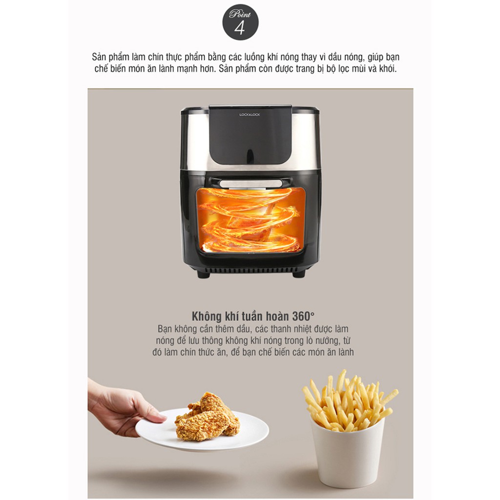 Lò nướng không khí LocknLock Air Oven, Hàng chính hãng, điều khiển điện tử 1800W, Dung Tích 10L - Màu đen - K-MALL