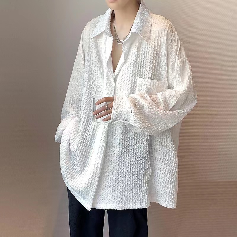 Áo sơ mi nam phong cách Hàn Quốc thời trang ve áo sơ mi nam nữ áo sơ mi Unisex đơn giản trơn đơn giản waffle áo sơ mi trắng nữ