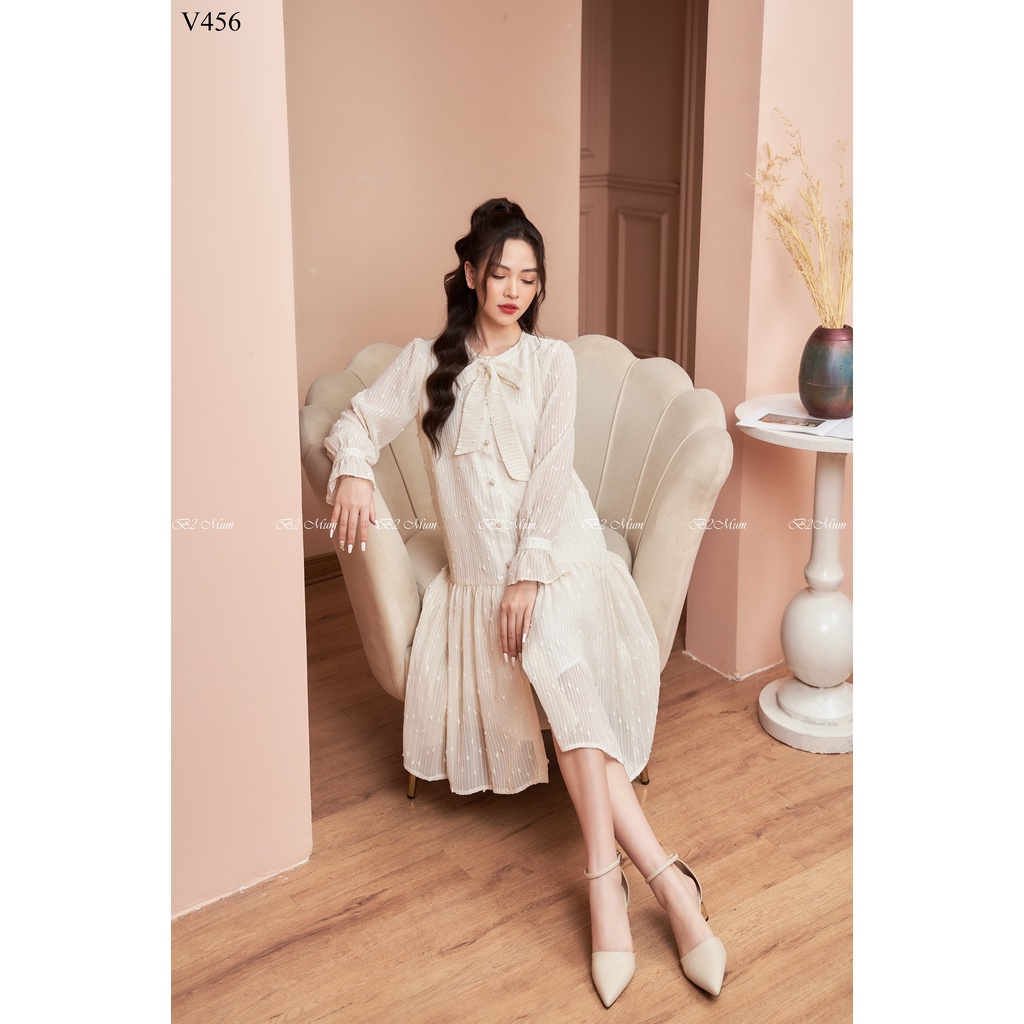 Váy bầu suông đẹp thu đông B2 MUM nơ cổ cúc ngọc kem  V456