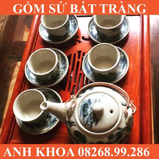 Bộ ấm chén Bát Tràng men giả cổ dáng hồng vẽ sơn thủy - Gốm sứ Bát Tràng Anh Khoa